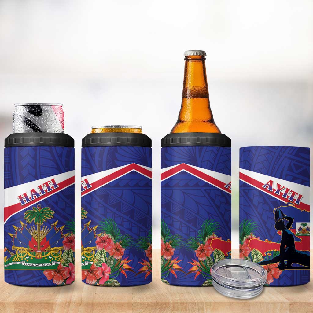 Haiti Neg Marron 4 in 1 Can Cooler Tumbler Ayiti Map - Hibiscus Polynesian Pattern - African Pride