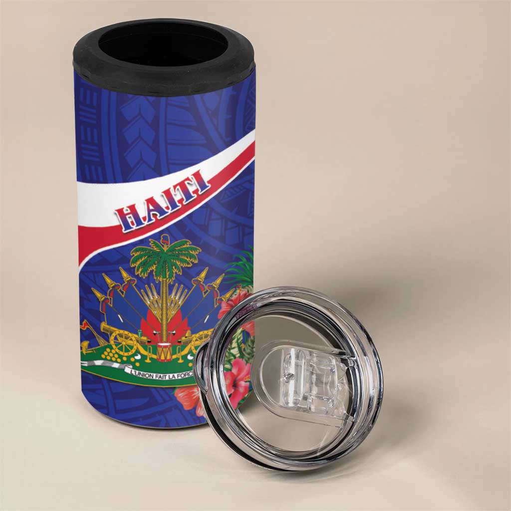 Haiti Neg Marron 4 in 1 Can Cooler Tumbler Ayiti Map - Hibiscus Polynesian Pattern - African Pride
