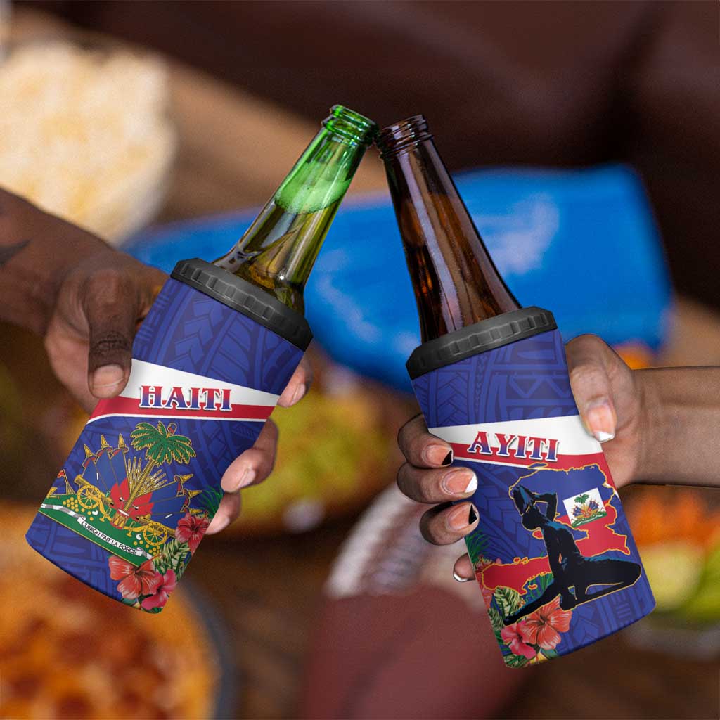 Haiti Neg Marron 4 in 1 Can Cooler Tumbler Ayiti Map - Hibiscus Polynesian Pattern - African Pride