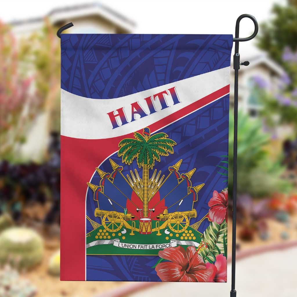 Haiti Neg Marron Garden Flag Ayiti Map - Hibiscus Polynesian Pattern - African Pride
