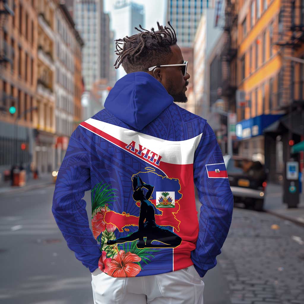 Haiti Neg Marron Hoodie Ayiti Map - Hibiscus Polynesian Pattern - African Pride