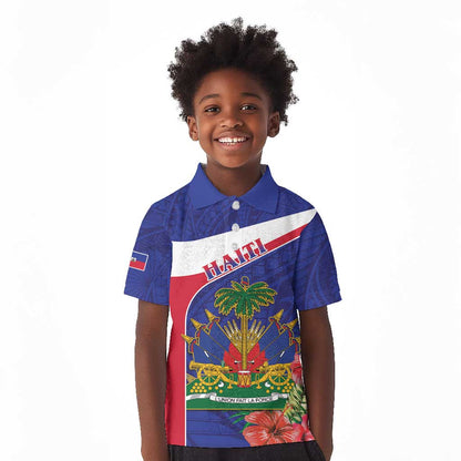 Haiti Neg Marron Kid Polo Shirt Ayiti Map - Hibiscus Polynesian Pattern - African Pride