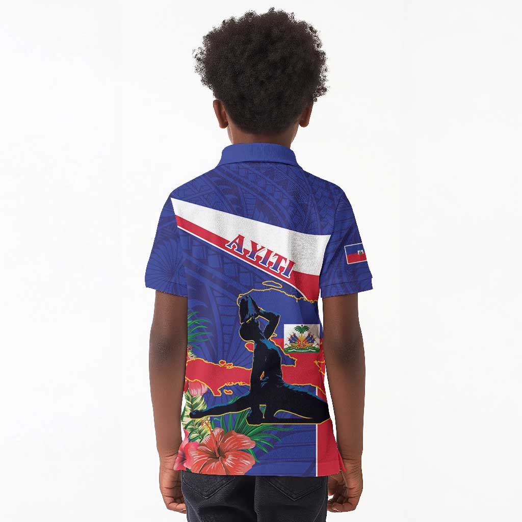 Haiti Neg Marron Kid Polo Shirt Ayiti Map - Hibiscus Polynesian Pattern - African Pride