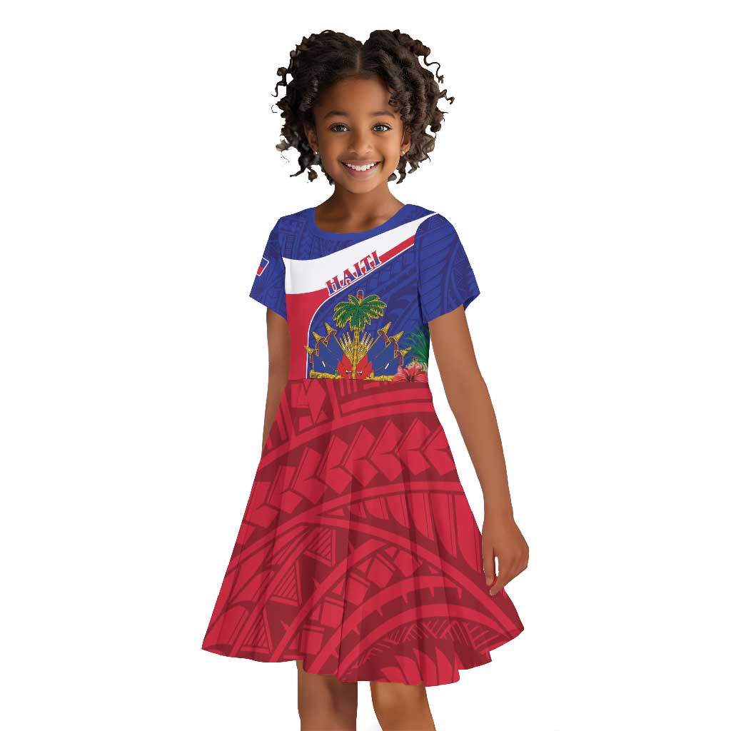 Haiti Neg Marron Kid Short Sleeve Dress Ayiti Map - Hibiscus Polynesian Pattern - African Pride