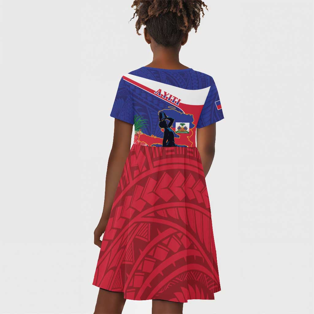 Haiti Neg Marron Kid Short Sleeve Dress Ayiti Map - Hibiscus Polynesian Pattern - African Pride