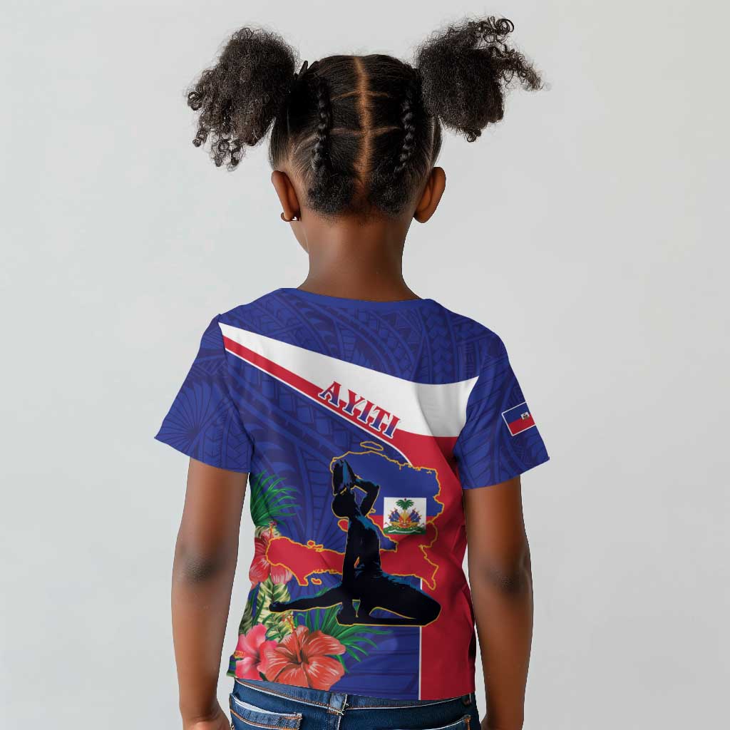 Haiti Neg Marron Kid T shirt Ayiti Map - Hibiscus Polynesian Pattern - African Pride