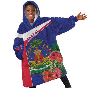 Haiti Neg Marron Kid Wearable Blanket Hoodie Ayiti Map - Hibiscus Polynesian Pattern - African Pride