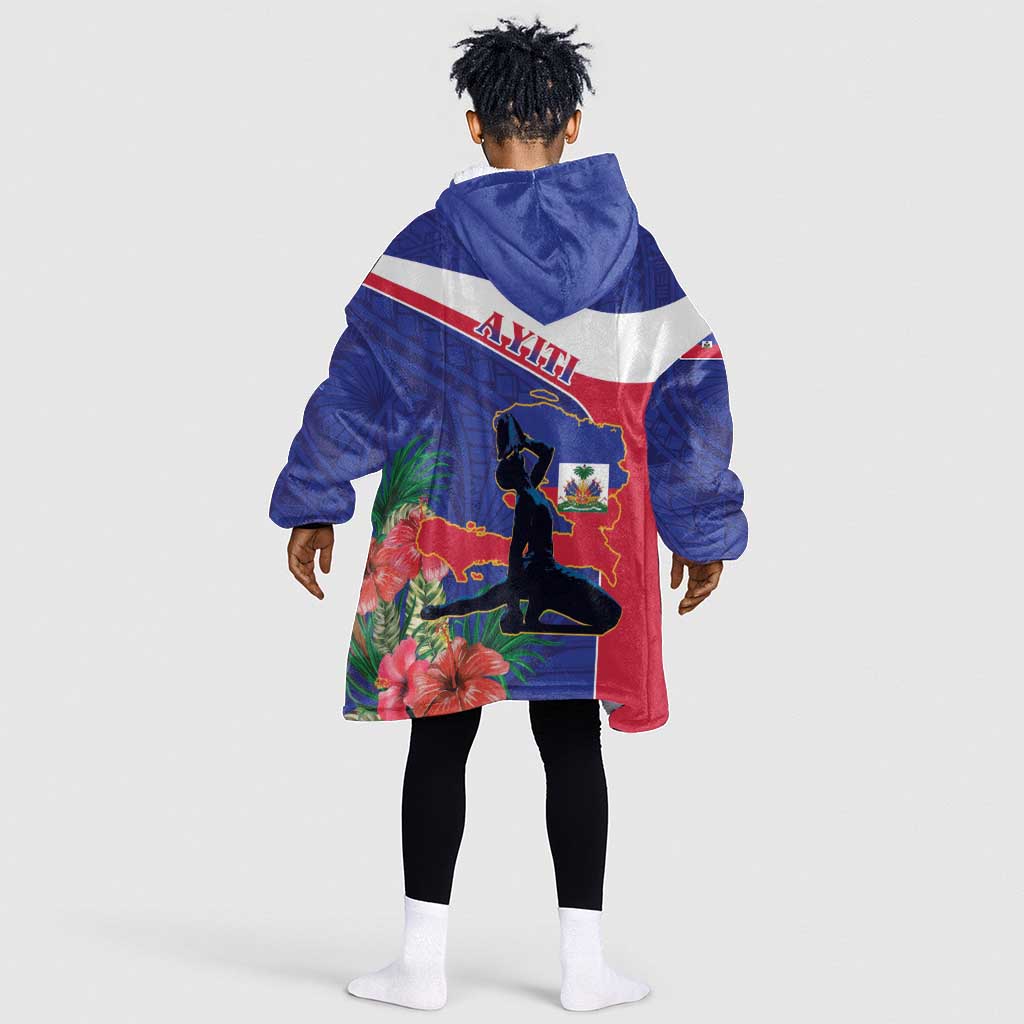 Haiti Neg Marron Kid Wearable Blanket Hoodie Ayiti Map - Hibiscus Polynesian Pattern - African Pride