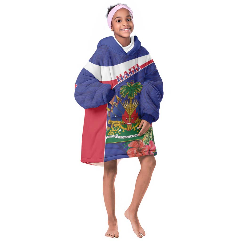 Haiti Neg Marron Kid Wearable Blanket Hoodie Ayiti Map - Hibiscus Polynesian Pattern - African Pride