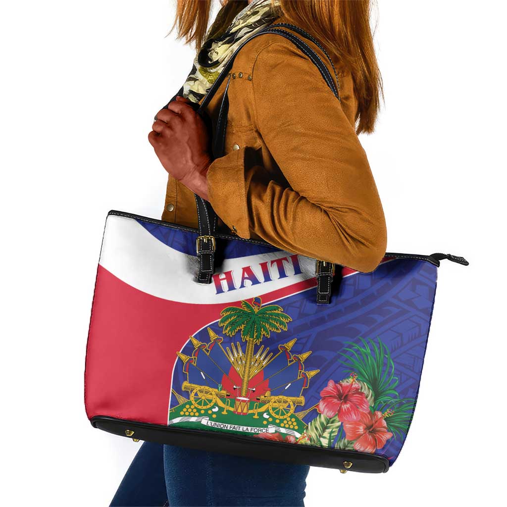 Haiti Neg Marron Leather Tote Bag Ayiti Map - Hibiscus Polynesian Pattern - African Pride