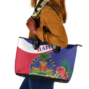 Haiti Neg Marron Leather Tote Bag Ayiti Map - Hibiscus Polynesian Pattern - African Pride