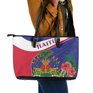 Haiti Neg Marron Leather Tote Bag Ayiti Map - Hibiscus Polynesian Pattern - African Pride
