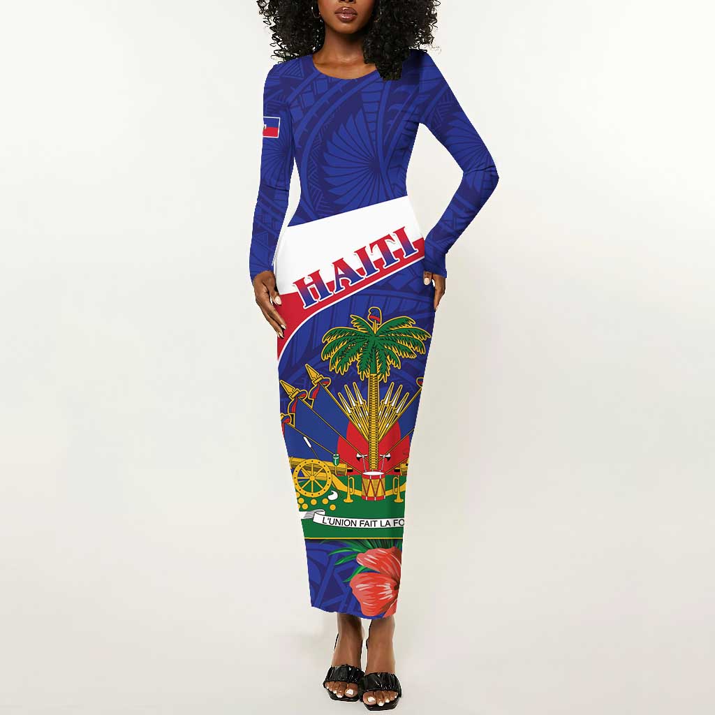 Haiti Neg Marron Long Sleeve Bodycon Dress Ayiti Map - Hibiscus Polynesian Pattern - African Pride