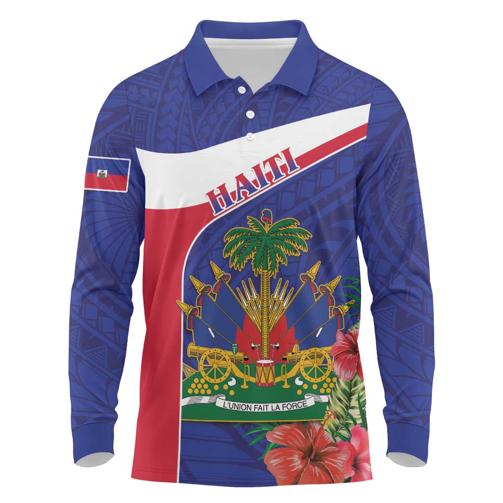 Haiti Neg Marron Long Sleeve Polo Shirt Ayiti Map - Hibiscus Polynesian Pattern - African Pride