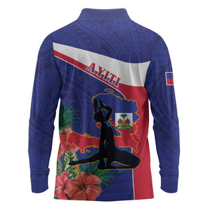 Haiti Neg Marron Long Sleeve Polo Shirt Ayiti Map - Hibiscus Polynesian Pattern - African Pride