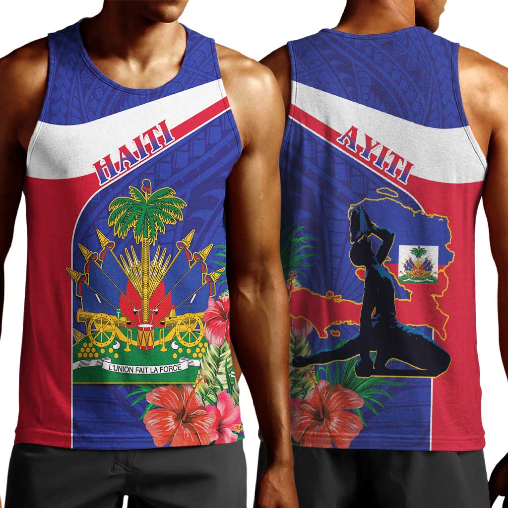 Haiti Neg Marron Men Tank Top Ayiti Map - Hibiscus Polynesian Pattern - African Pride