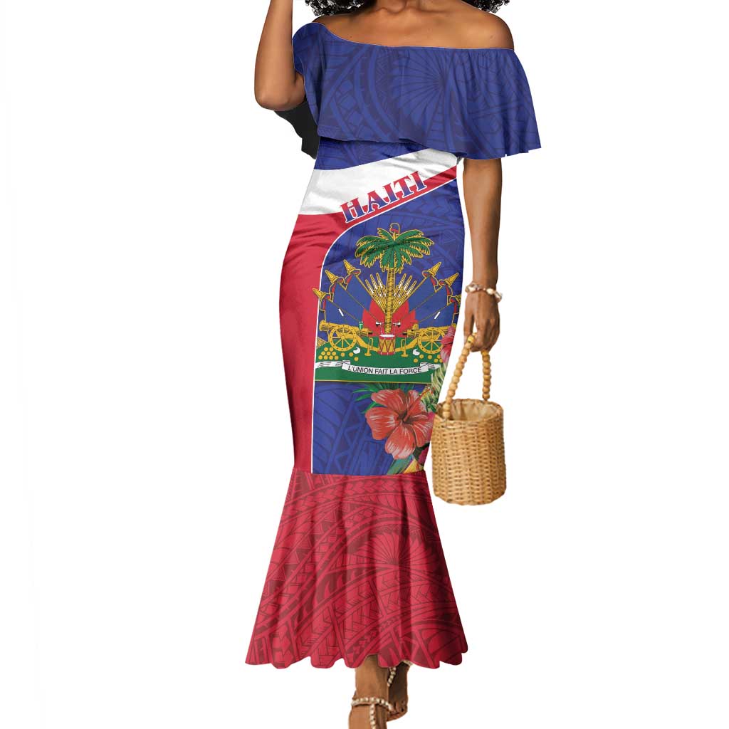 Haiti Neg Marron Mermaid Dress Ayiti Map - Hibiscus Polynesian Pattern - African Pride
