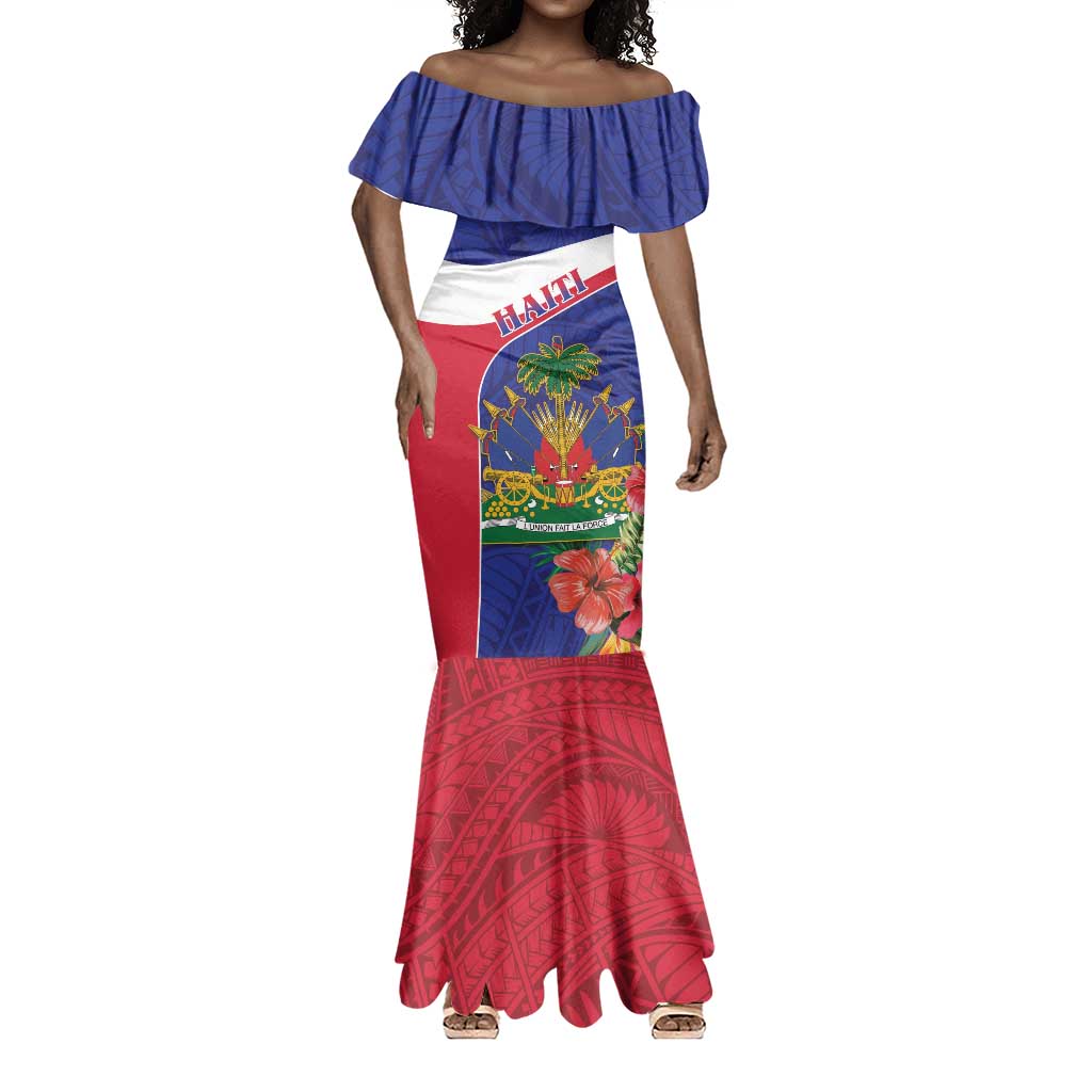 Haiti Neg Marron Mermaid Dress Ayiti Map - Hibiscus Polynesian Pattern - African Pride