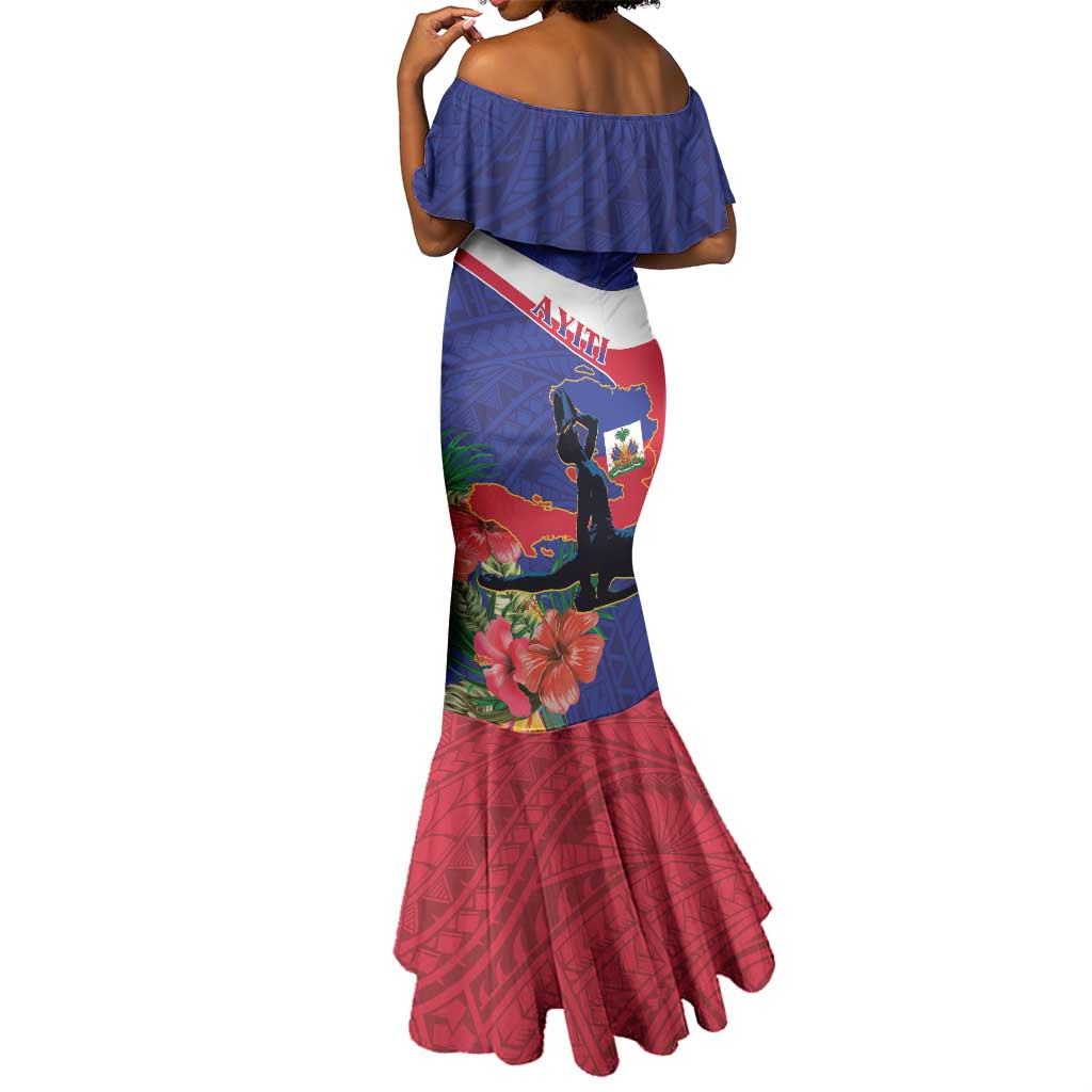 Haiti Neg Marron Mermaid Dress Ayiti Map - Hibiscus Polynesian Pattern - African Pride
