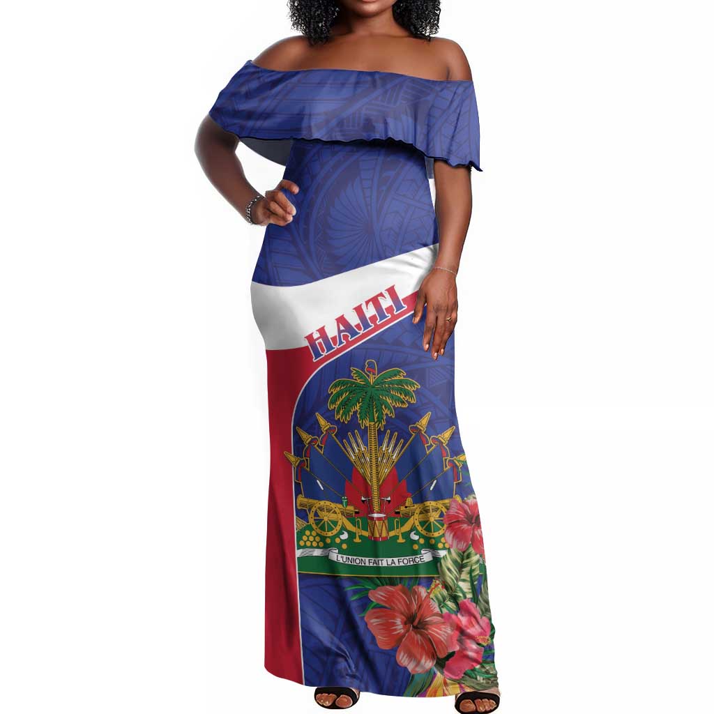 Haiti Neg Marron Off Shoulder Maxi Dress Ayiti Map - Hibiscus Polynesian Pattern - African Pride