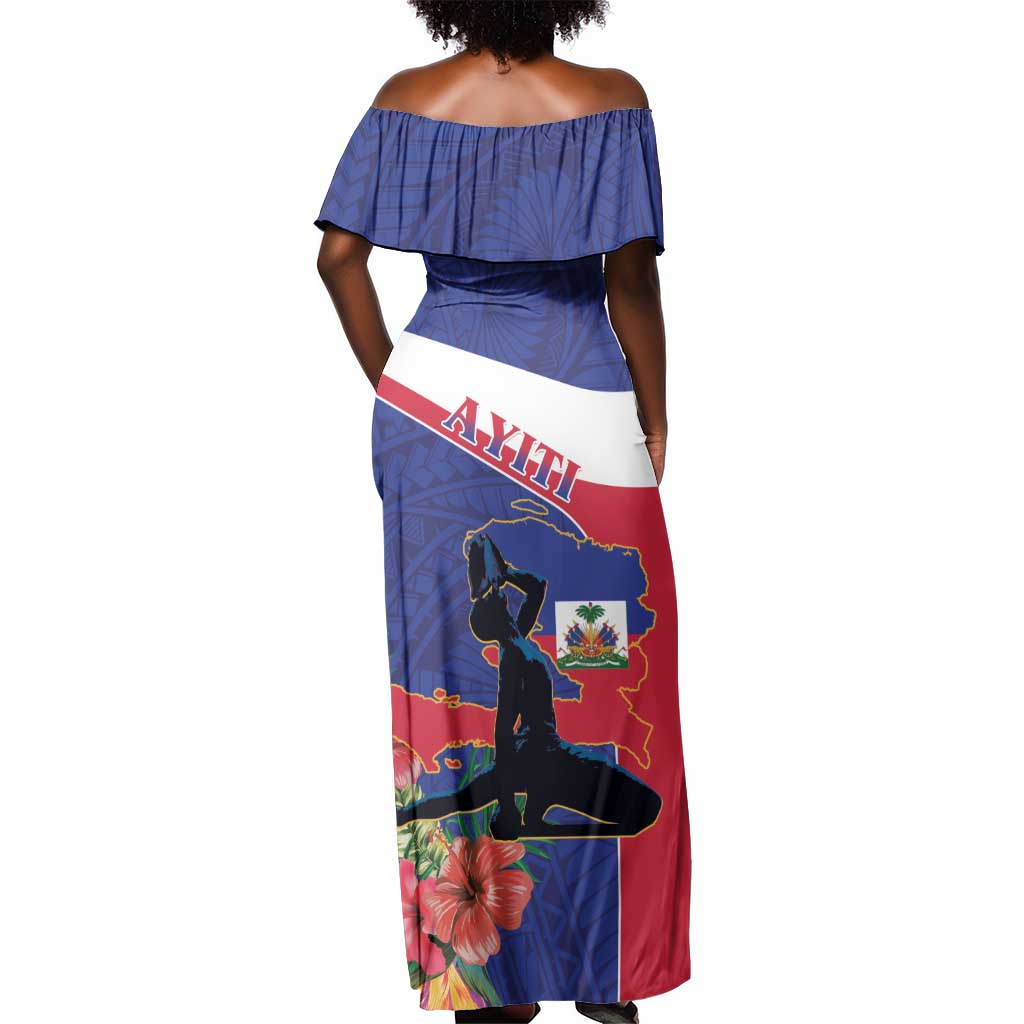 Haiti Neg Marron Off Shoulder Maxi Dress Ayiti Map - Hibiscus Polynesian Pattern - African Pride