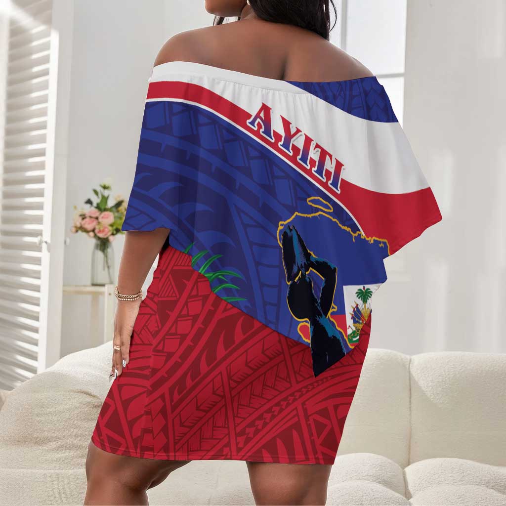 Haiti Neg Marron Off Shoulder Short Dress Ayiti Map - Hibiscus Polynesian Pattern - African Pride