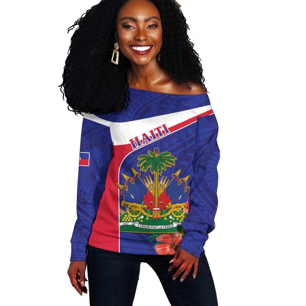 Haiti Neg Marron Off Shoulder Sweater Ayiti Map - Hibiscus Polynesian Pattern - African Pride