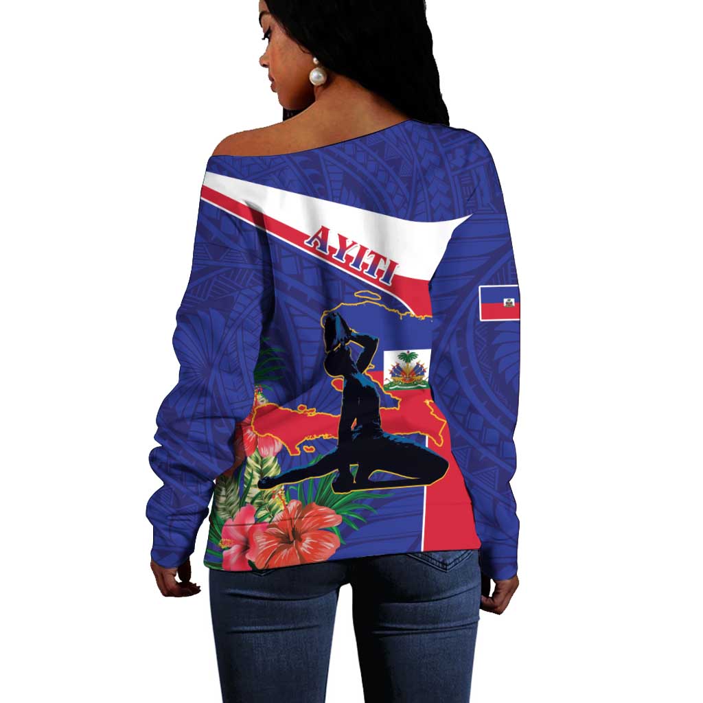 Haiti Neg Marron Off Shoulder Sweater Ayiti Map - Hibiscus Polynesian Pattern - African Pride
