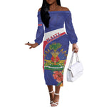 Haiti Neg Marron Off The Shoulder Long Sleeve Dress Ayiti Map - Hibiscus Polynesian Pattern - African Pride
