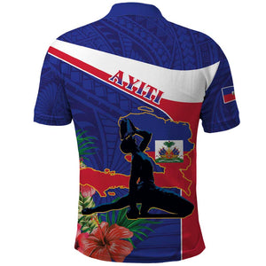 Haiti Neg Marron Polo Shirt Ayiti Map - Hibiscus Polynesian Pattern - African Pride