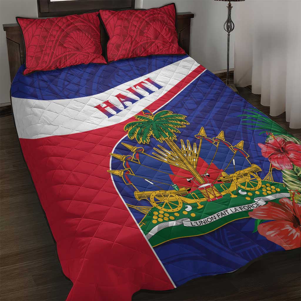 Haiti Neg Marron Quilt Bed Set Ayiti Map - Hibiscus Polynesian Pattern - African Pride