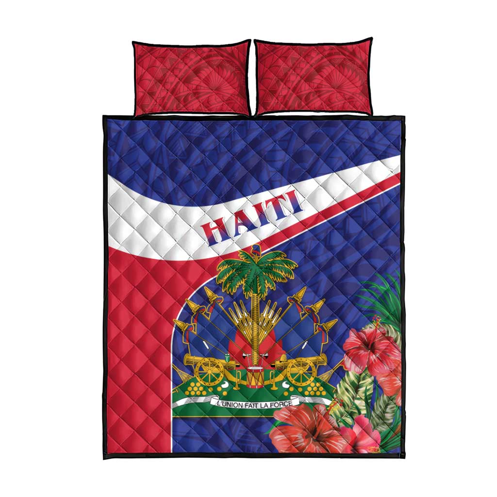 Haiti Neg Marron Quilt Bed Set Ayiti Map - Hibiscus Polynesian Pattern - African Pride