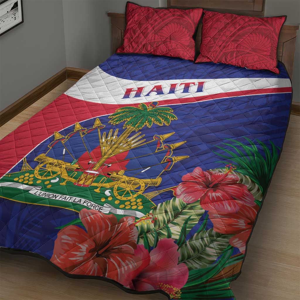 Haiti Neg Marron Quilt Bed Set Ayiti Map - Hibiscus Polynesian Pattern - African Pride