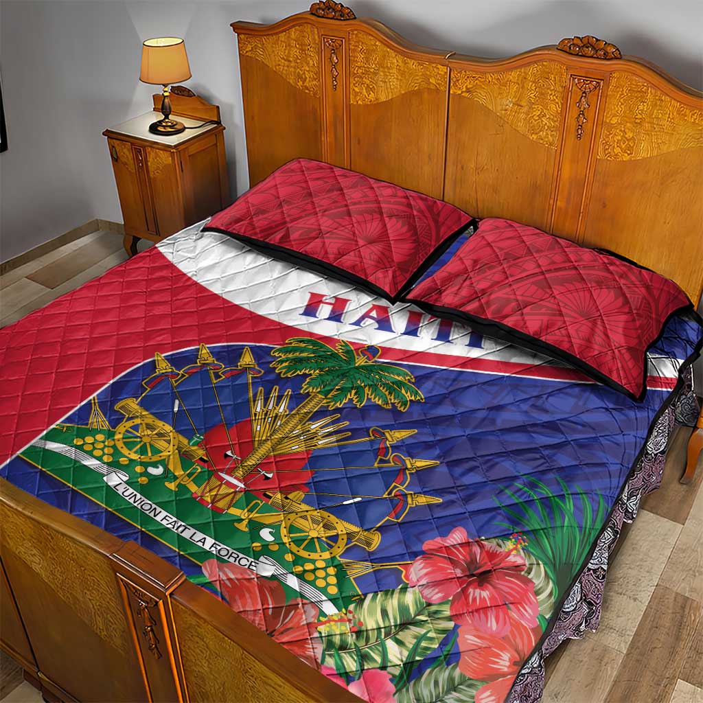 Haiti Neg Marron Quilt Bed Set Ayiti Map - Hibiscus Polynesian Pattern - African Pride