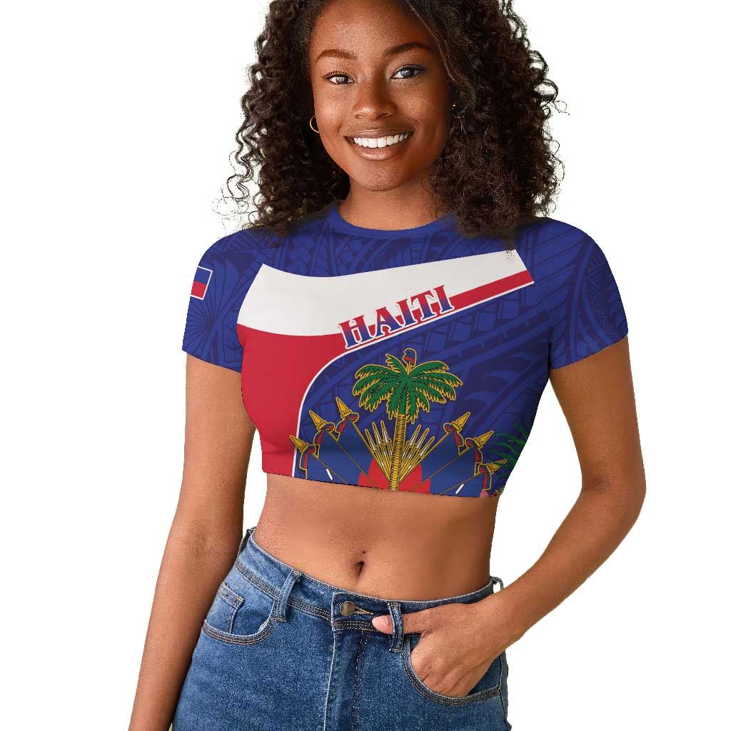 Haiti Neg Marron Raglan Cropped T shirt Ayiti Map - Hibiscus Polynesian Pattern - African Pride