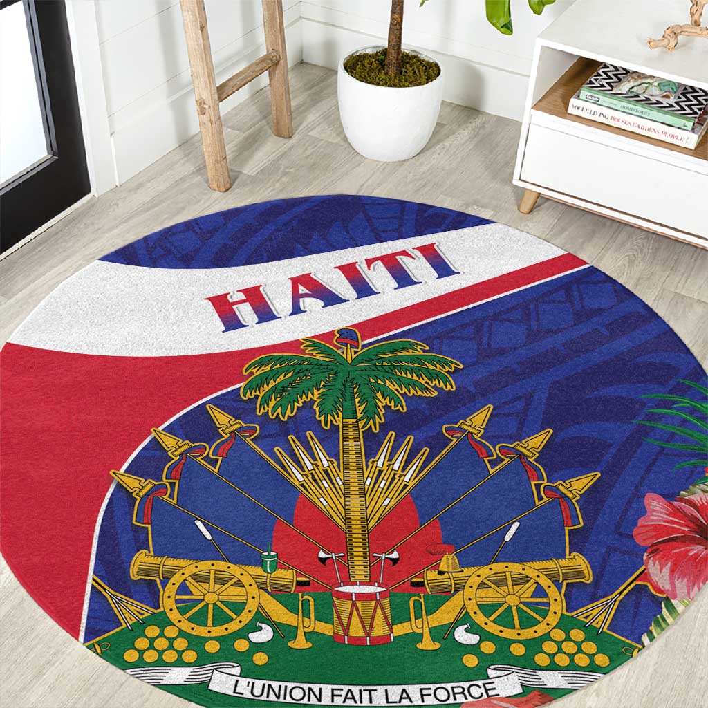 Haiti Neg Marron Round Carpet Ayiti Map - Hibiscus Polynesian Pattern - African Pride