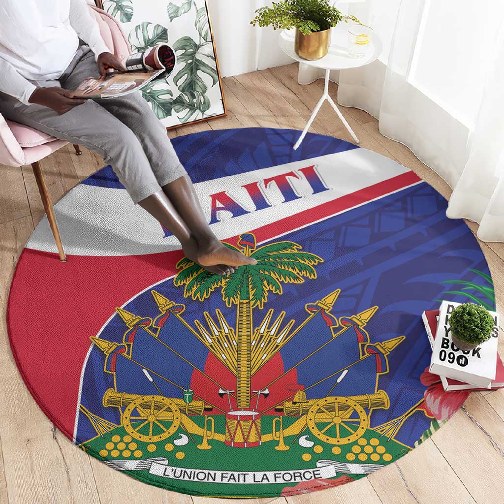 Haiti Neg Marron Round Carpet Ayiti Map - Hibiscus Polynesian Pattern - African Pride