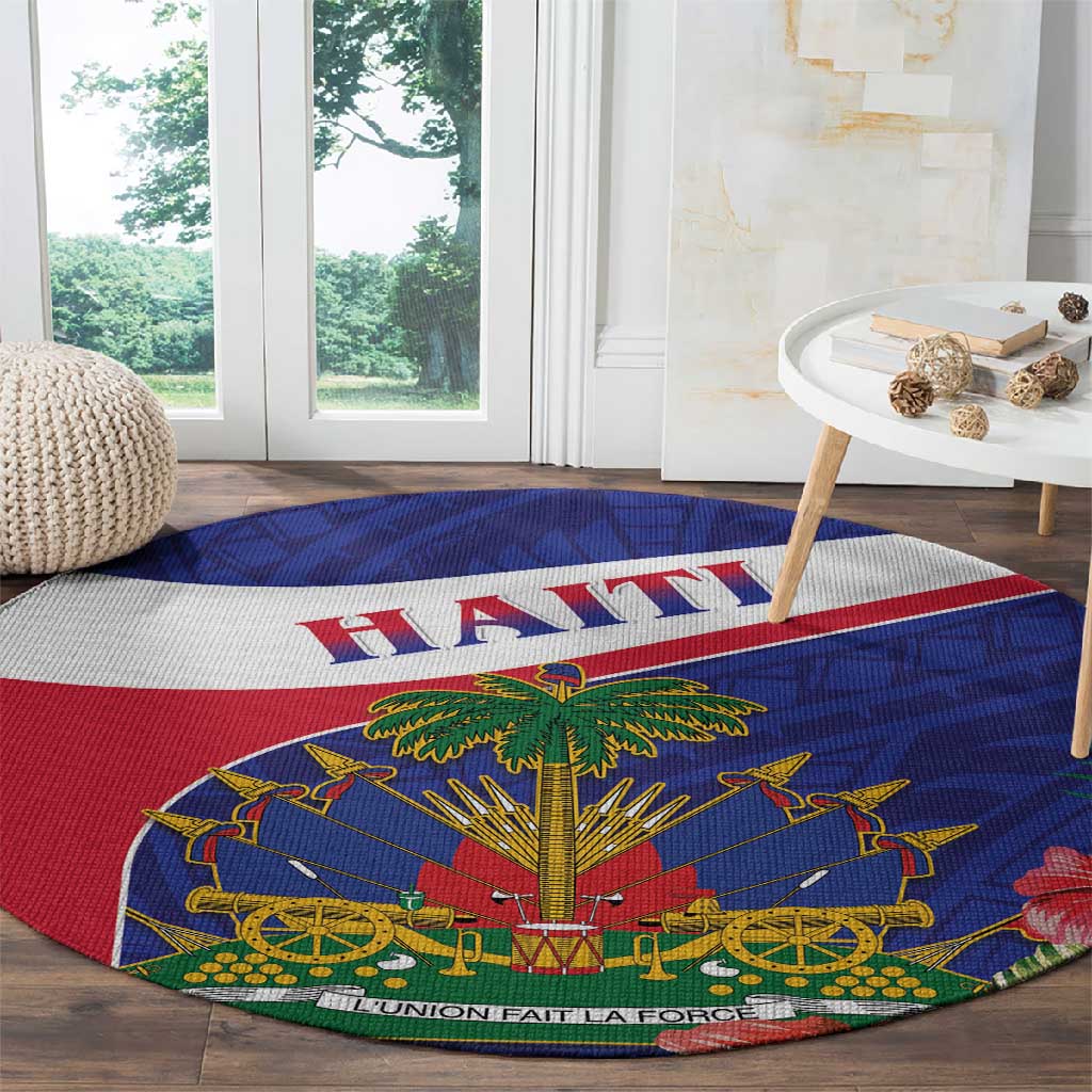 Haiti Neg Marron Round Carpet Ayiti Map - Hibiscus Polynesian Pattern - African Pride