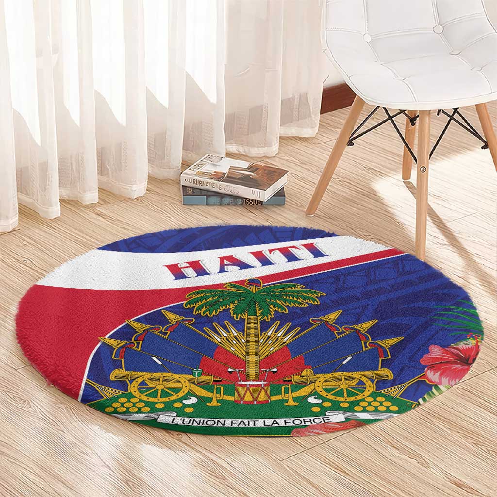 Haiti Neg Marron Round Carpet Ayiti Map - Hibiscus Polynesian Pattern - African Pride