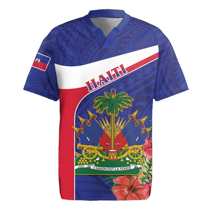 Haiti Neg Marron Rugby Jersey Ayiti Map - Hibiscus Polynesian Pattern - African Pride