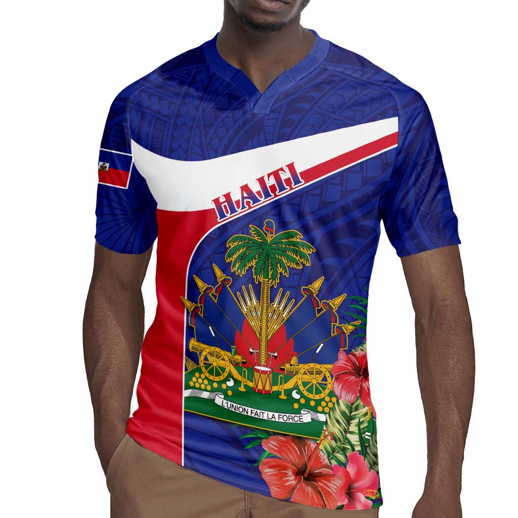 Haiti Neg Marron Rugby Jersey Ayiti Map - Hibiscus Polynesian Pattern - African Pride