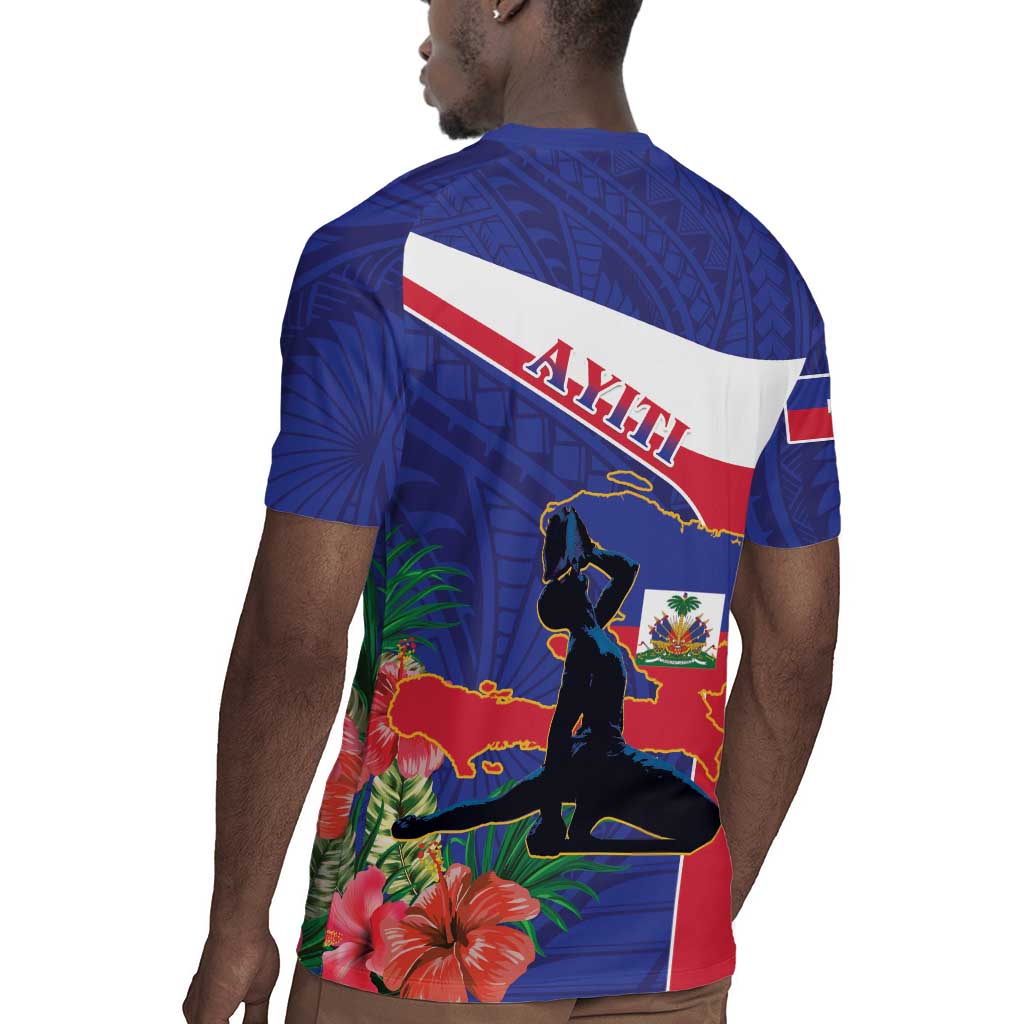 Haiti Neg Marron Rugby Jersey Ayiti Map - Hibiscus Polynesian Pattern - African Pride