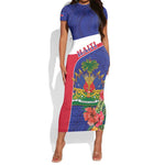 Haiti Neg Marron Short Sleeve Bodycon Dress Ayiti Map - Hibiscus Polynesian Pattern - African Pride