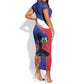 Haiti Neg Marron Short Sleeve Bodycon Dress Ayiti Map - Hibiscus Polynesian Pattern - African Pride