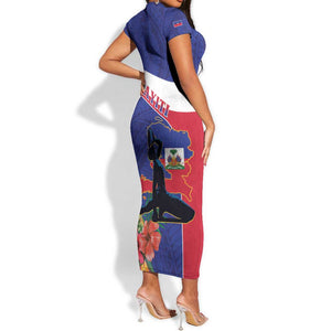 Haiti Neg Marron Short Sleeve Bodycon Dress Ayiti Map - Hibiscus Polynesian Pattern - African Pride