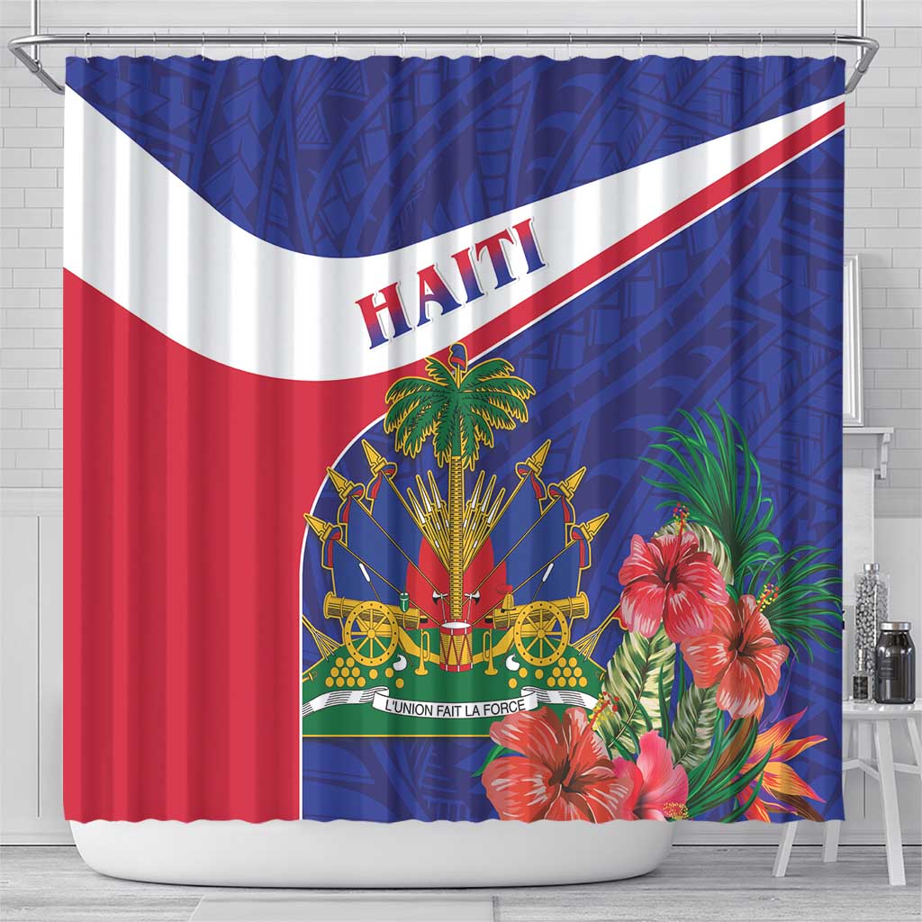 Haiti Neg Marron Shower Curtain Ayiti Map - Hibiscus Polynesian Pattern - African Pride