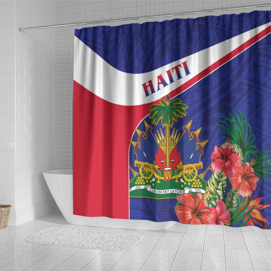 Haiti Neg Marron Shower Curtain Ayiti Map - Hibiscus Polynesian Pattern - African Pride