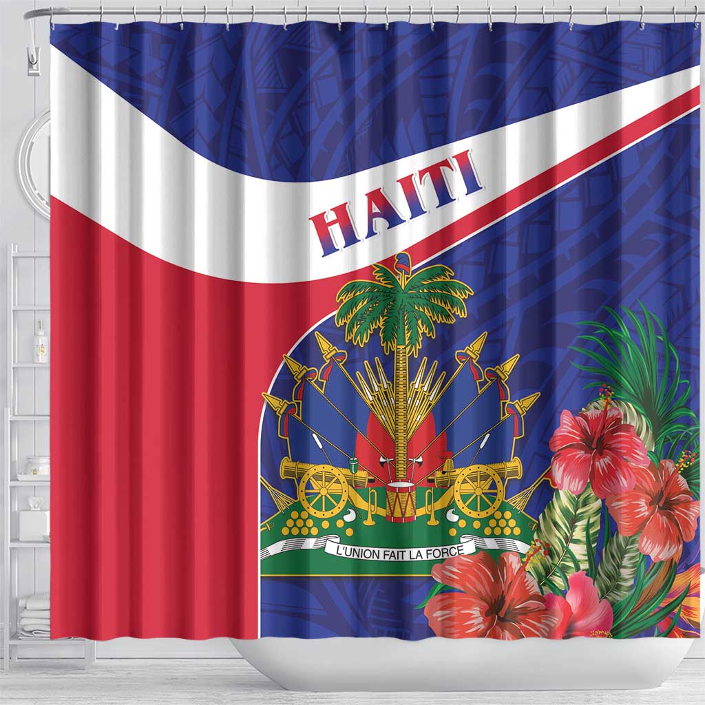 Haiti Neg Marron Shower Curtain Ayiti Map - Hibiscus Polynesian Pattern - African Pride