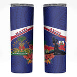 Haiti Neg Marron Skinny Tumbler Ayiti Map - Hibiscus Polynesian Pattern - African Pride