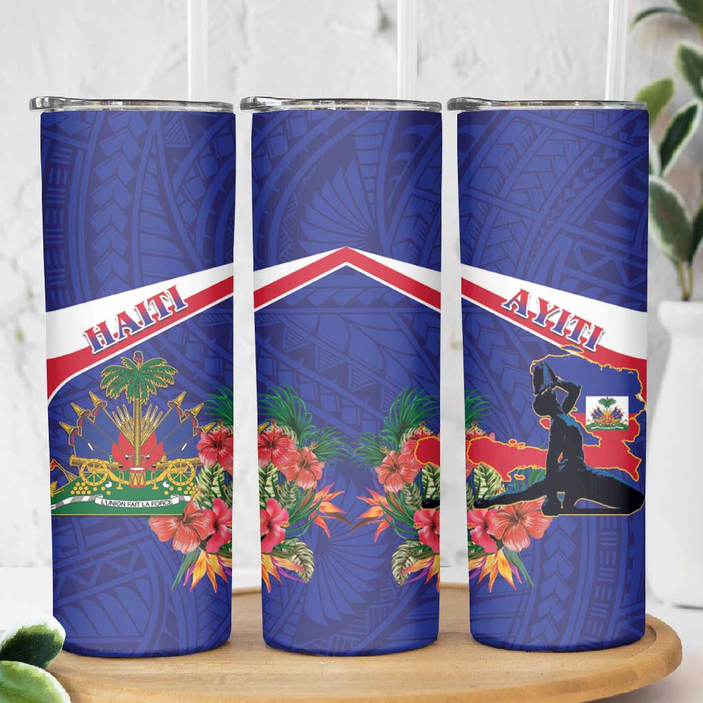 Haiti Neg Marron Skinny Tumbler Ayiti Map - Hibiscus Polynesian Pattern - African Pride